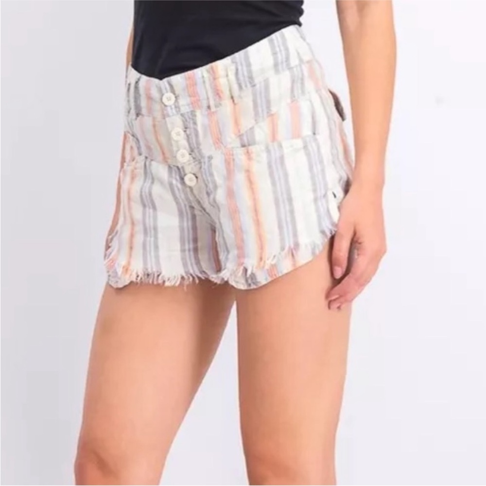 Free People Striped Frayed Hem Linen Blend Shorts in White with Pastel Stripes